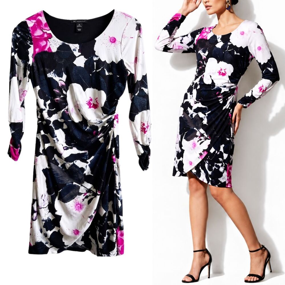 I.N.C. International Concepts Dress M Floral Ruched Stretch Sheath Pink Black